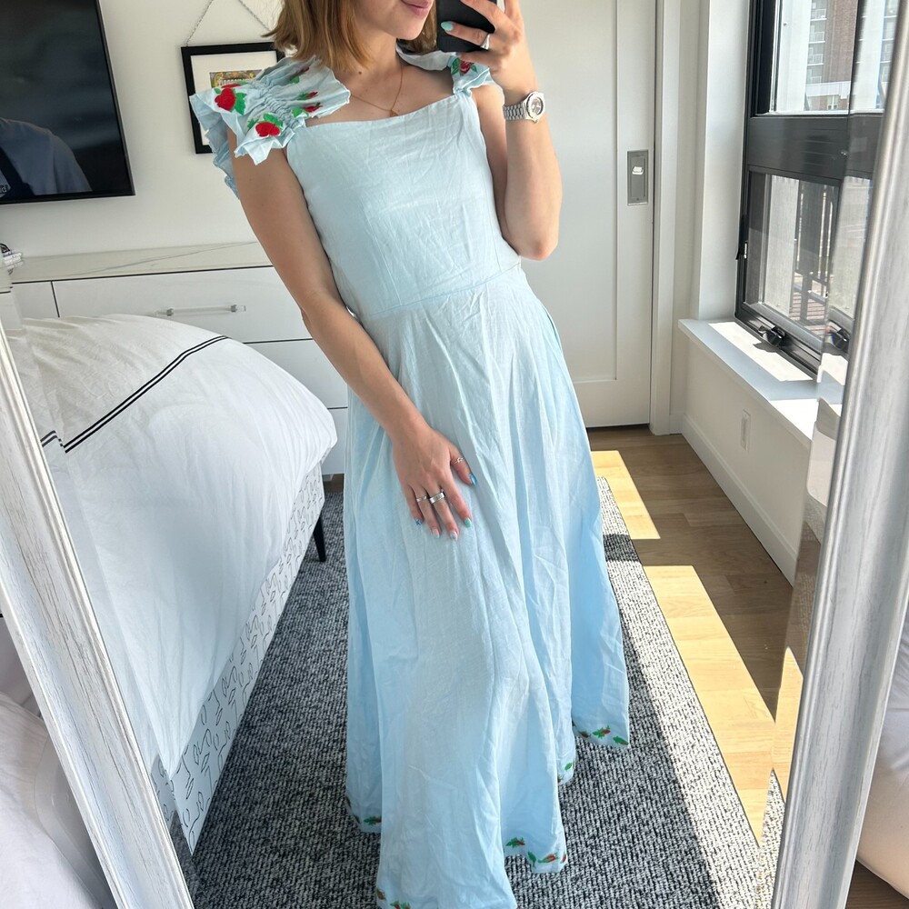 Fanm Mon Light Blue Maxi Dress with Floral Shoulder and Hem Accents